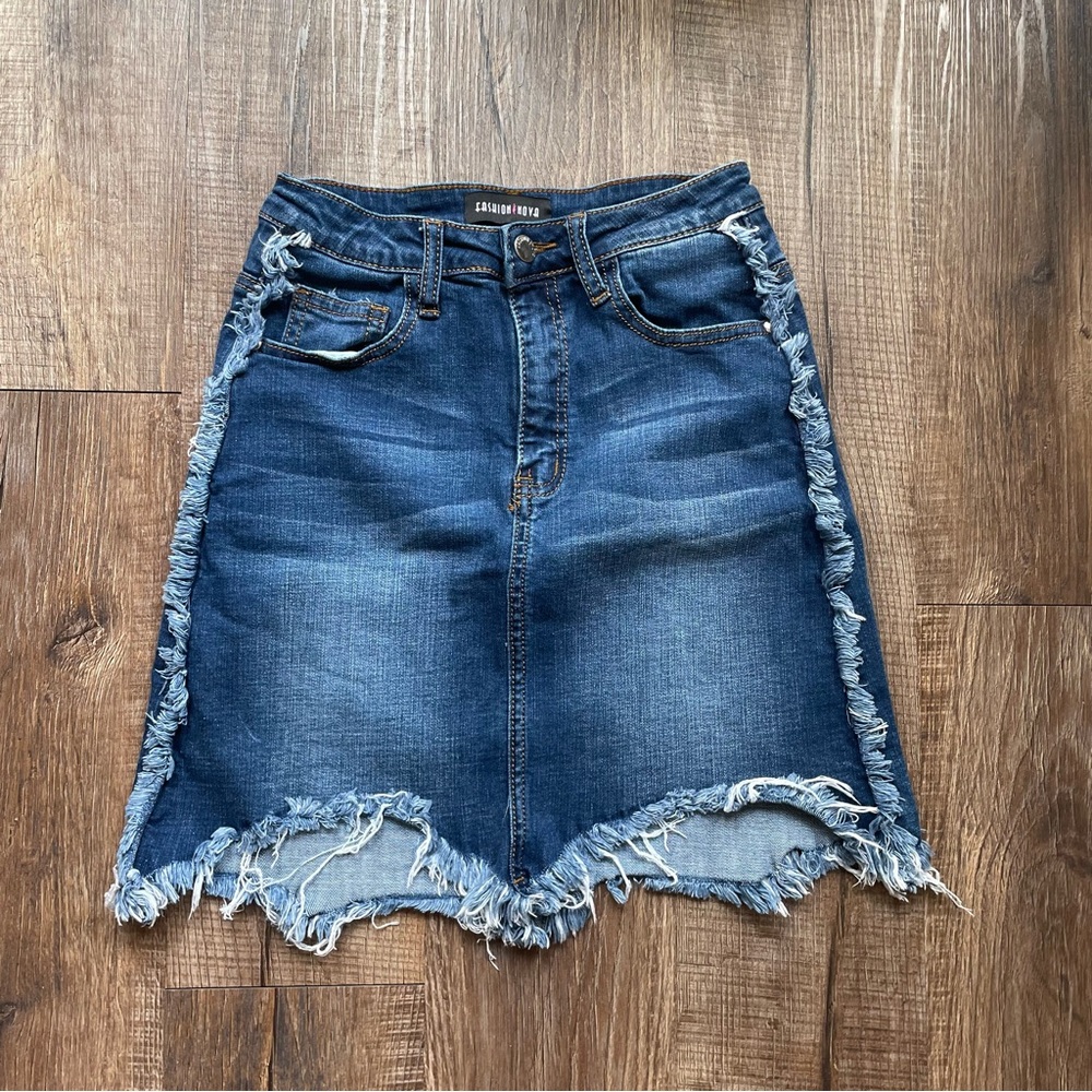 Fashion Nova Blue Frayed Denim Skirt